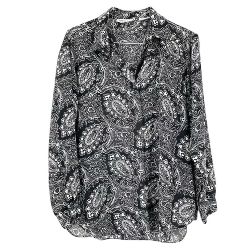 DIANE VON FURSTENBERG Women's‎ Black White Paisley Print Button Down Long Plus